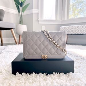 CHANEL Boy Wallet on Chain in Gray Caviar with Gold Hardware 💕